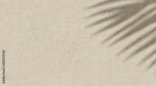 A serene beach scene with a palm tree shadow on a sandy shore at sunset