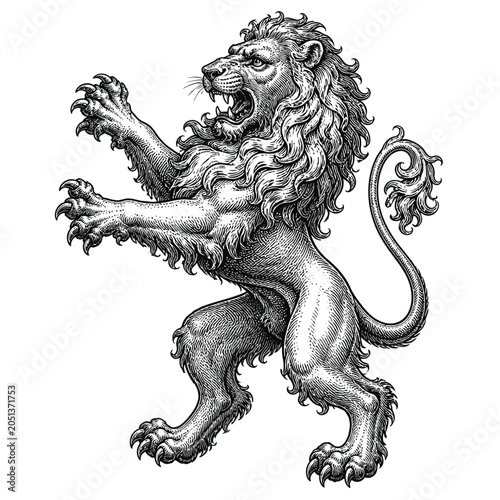 Vintage style heraldic lion illustration standing in a rampant pose.