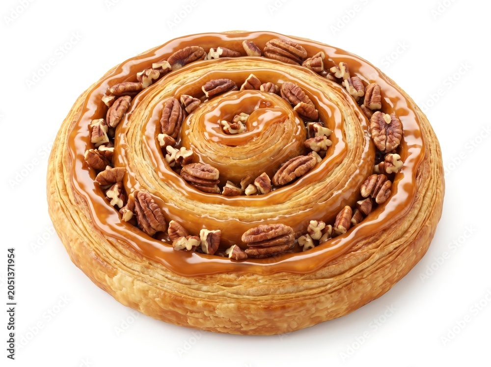 Fototapeta premium Spiral Danish Pastry with Caramel Glaze and Pecan Pieces Isolated on White Background, Sweet Gourmet Bakery Treat for Breakfast