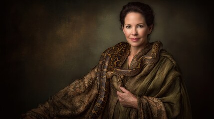 A Serene Woman With A Majestic Boa Constrictor Draped Around Her Shoulders In An Artistic Studio Portrait