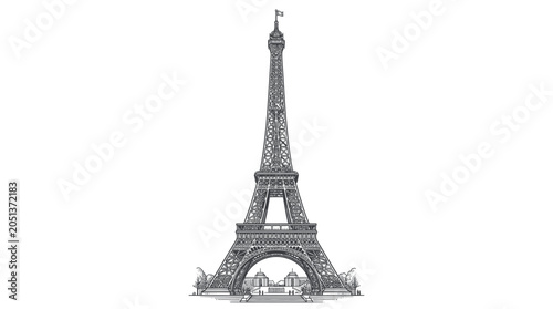 Eiffel Tower black and white sketch, iconic Paris landmark, French architecture drawing