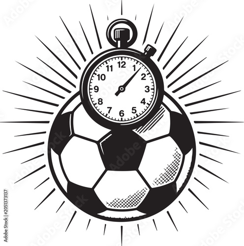 Black and white illustration of stopwatch on soccer ball