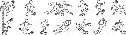 Black line soccer player illustrations kicking ball