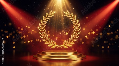 Laurel wreath spotlight stage dramatic red black celebration award ceremony lighting