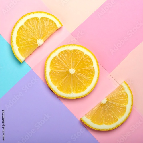 A colorful arrangement of three orange slices on a multicolored geometric background