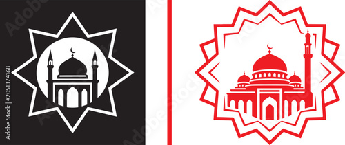 Bild auf Leinwand Islamic mosque vector icons with dome and minaret in star frames for religious c
