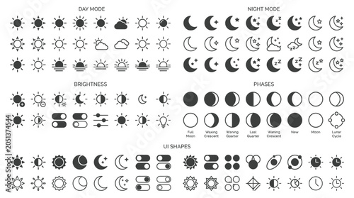 Day and Night Mode Icons: Sun, Moon, Clouds, Brightness, Phases, Toggle Switches