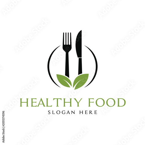 Healthy Food Logo with Fork Knife and Leaves