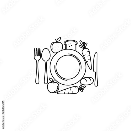 Line art illustration of dinner plate surrounded by vegetables and cutlery