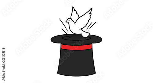 Magicians black top hat with white dove flying out and motion lines on white background