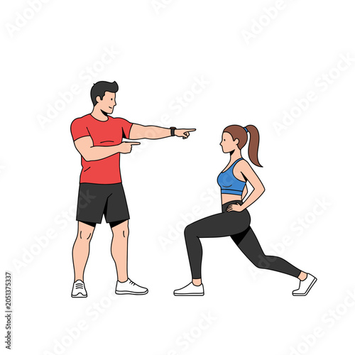 Male fitness instructor coaching female athlete on lunge exercise technique in gym