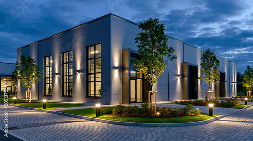 Modern commercial building exterior at dusk with landscape lighting