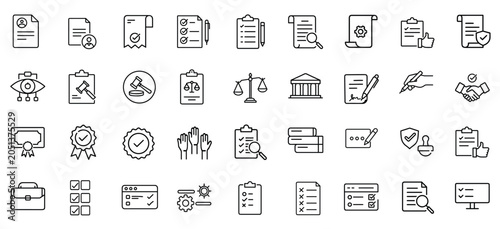Schilderij op canvas Legal system certification official document web line icons set operational rule