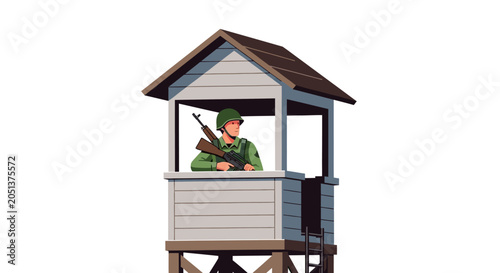 Military guard standing in a white wooden watchtower with brown roof