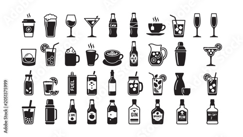 Beverage and Alcohol Icons Set for Menu and Bar Design