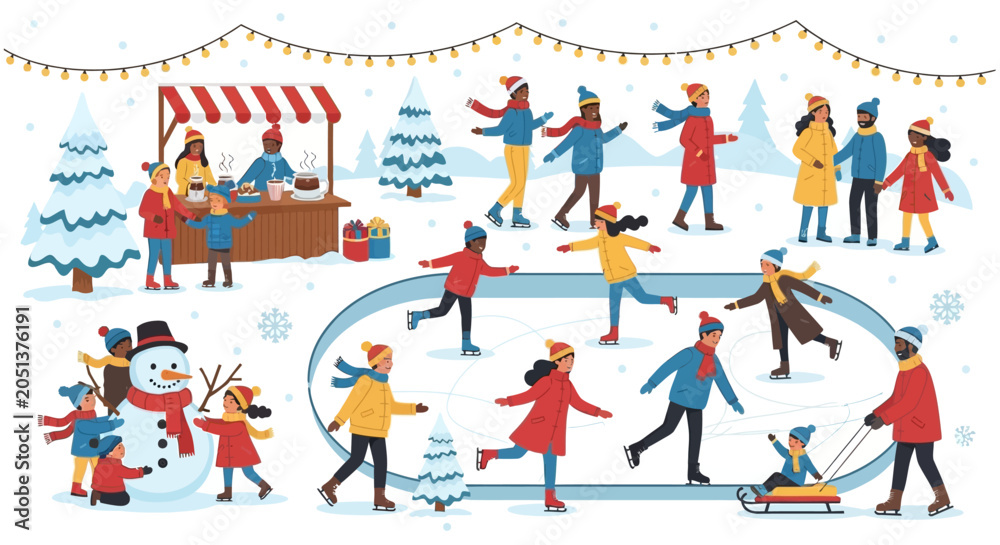 Fototapeta premium Winter wonderland scene with people ice skating and enjoying outdoor activities.