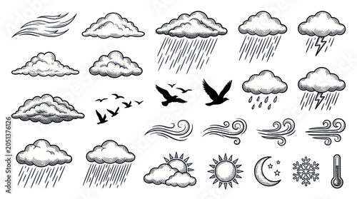 Slika na platnu Hand-drawn weather icons: clouds, rain, sun, wind, lightning, birds, snowflake,