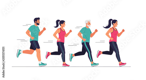 Diverse group of people running together illustrating health and fitness across different ages.