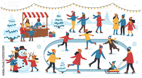 Winter wonderland scene with people ice skating and enjoying outdoor activities.