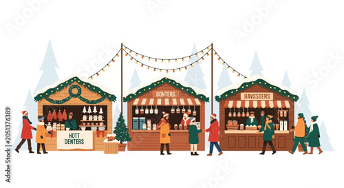 People enjoying a festive Christmas market with decorated stalls and holiday cheer.