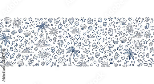 Summer vacation icons, beach symbols, palm tree graphics, travel doodles, blue illustrations