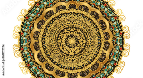 Golden mandala with intricate geometric patterns, adorned with red and turquoise jewels, on a white background, representing harmony and spiritual balance