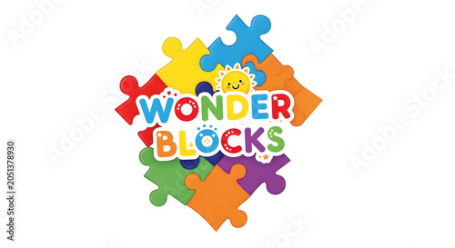 Wonder Blocks Jigsaw Puzzle Logo Featuring a Cheerful Sun and Colorful Blocks, Symbolizing Play and Learning for Children