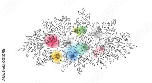 A whimsical floral illustration featuring a delicate arrangement of sketched flowers with touches of vibrant color, perfect for invitations and creative designs