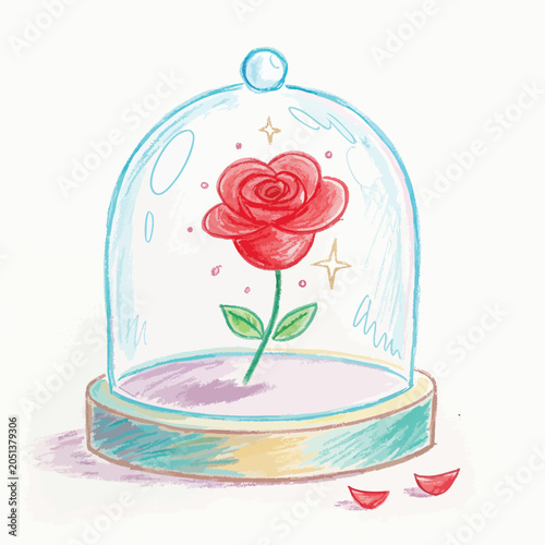 Enchanted rose inside a glass dome illustration.
