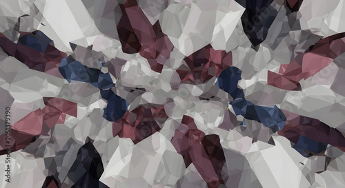 Abstract geometric pattern with fragmented shapes in red, white, and blue color palette, digitally generated art