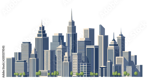 Dense urban skyline panorama featuring many tall modern skyscrapers and office buildings with small green trees at the base on a white background.