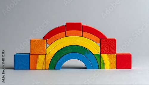 A colorful arrangement of wooden blocks forming a rainbow shape on a plain surface