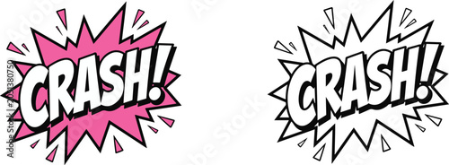 Crash comic explosion burst vector illustration with pink starburst background and black line art outline design style.