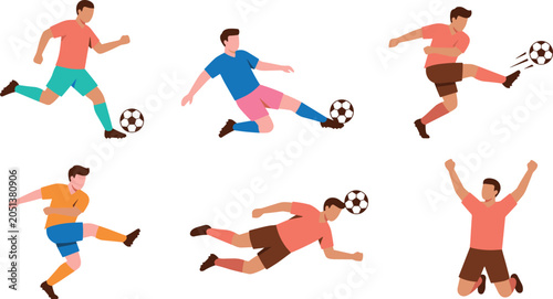Foto Soccer football player action set featuring flat cartoon characters running drib