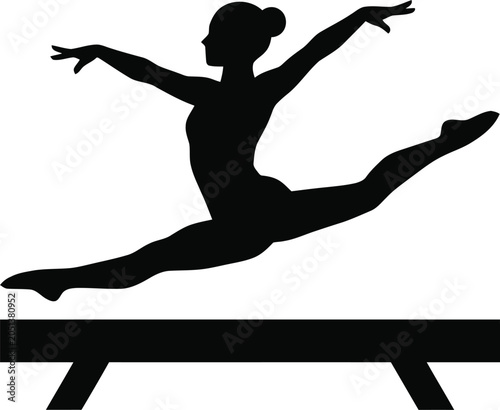 Φωτογραφία Gymnast silhouette performing a split leap on a balance beam black on white back