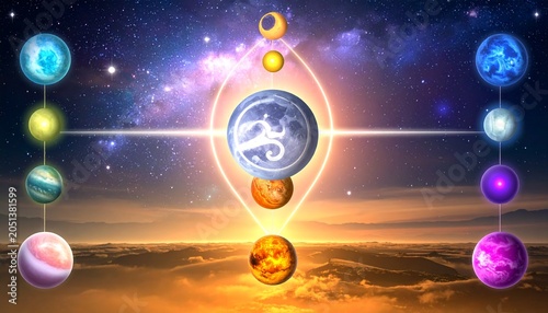 Celestial Harmony Spheres Connected by Glowing Wellness Pathways
