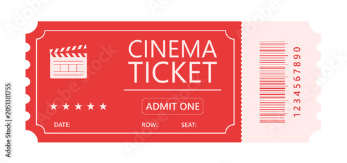 Cinema ticket colorful icon template. Movie entry pass with bar code isolated vector illustration