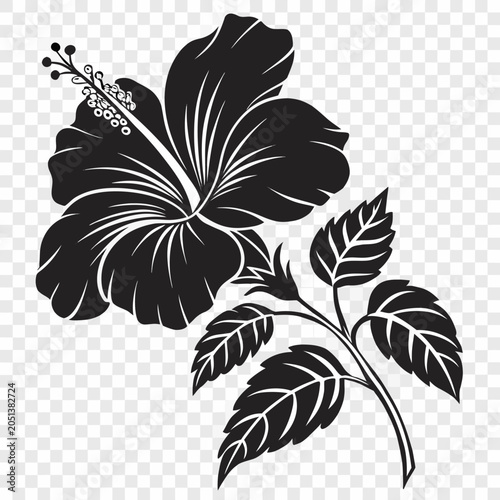 Cuadro en lienzo A stylized, monochrome illustration of a hibiscus flower dominates the center of the image