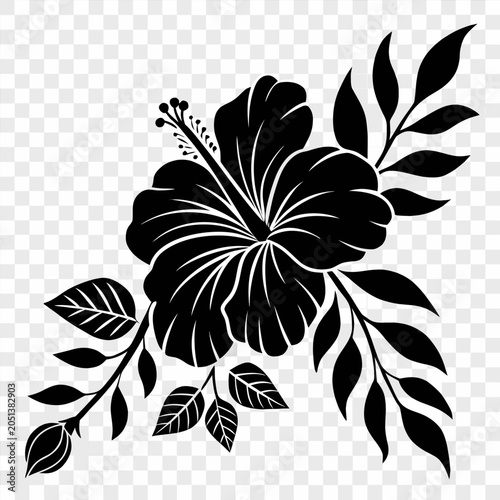 Photos A stylized, monochrome illustration of a hibiscus flower dominates the center of the image