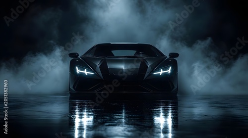 Dramatic front facing shot of a luxury black sports car in a smoky dark environment