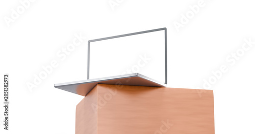 Fotografie 3D laptop mockup positioned at a low angle on a wooden block pedestal featuring a transparent screen for high-end technology product branding