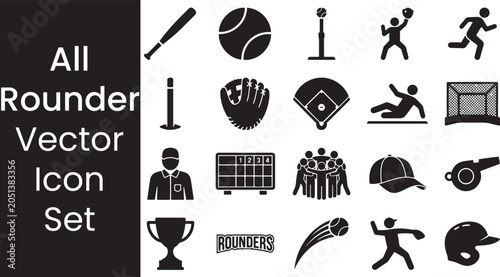 Comprehensive sport icons for baseball or rounders including players and game symbols.