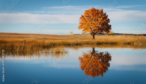 Autumn Tree Reflecting In Calm Prairie Lake
