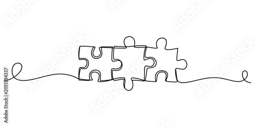 Continuous single line drawing of three connected puzzle pieces