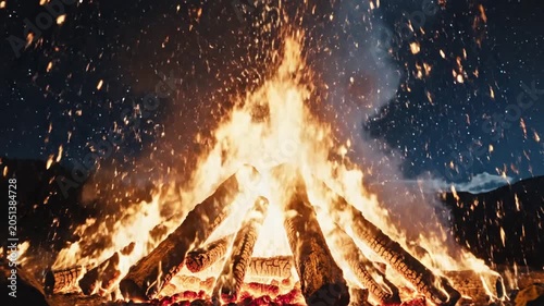 Bonfire, large flames, burning wood, nighttime, sparks flying