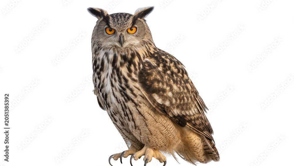 Obraz premium Eurasian eagle-owl with piercing orange eyes detailed feathers, isolated on transparent background