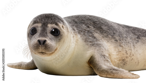 Quadro su tela Young harp seal pup with dark eyes and spotted grey fur, isolated on transparent
