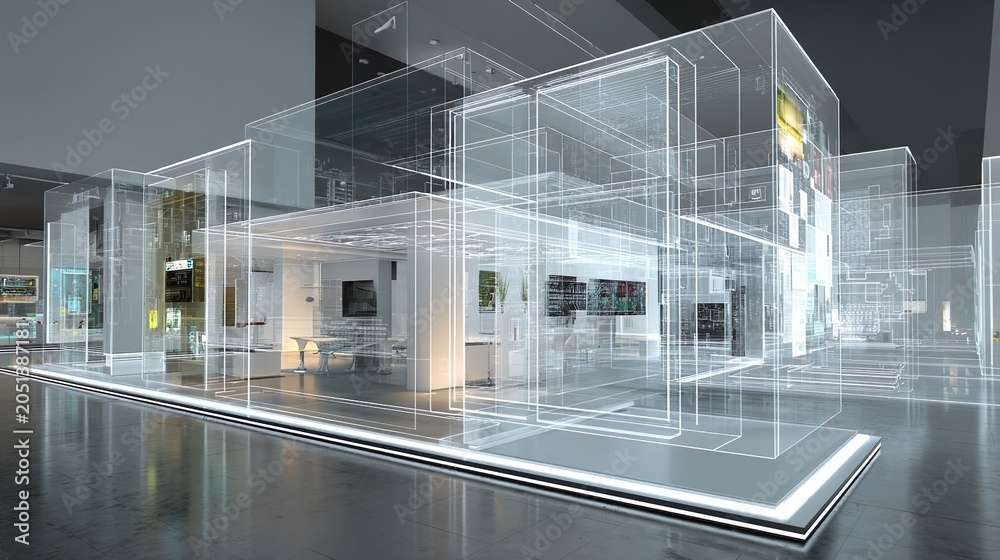 Fototapeta A 3D architectural rendering showcasing a modern exhibition booth with a transparent, wireframe design. The booth features clean lines, internal lighting, and display screens.