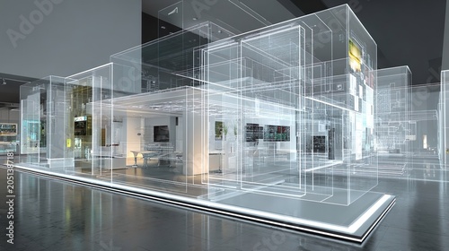 A 3D architectural rendering showcasing a modern exhibition booth with a transparent, wireframe design. The booth features clean lines, internal lighting, and display screens.