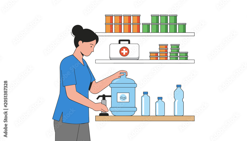 Fototapeta premium Woman in blue scrubs operating a water dispenser in a pantry background with medical supplies and shelves for healthcare facility concepts.